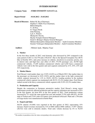 Miniature Ford Otosan
 Rapport trimestriel 2012-q1