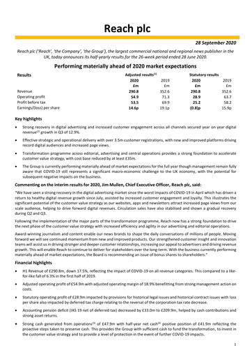 Miniature Reach plc Rapport semestriel 2020-h1