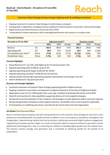 Miniature Reach plc Rapport semestriel 2021-h1