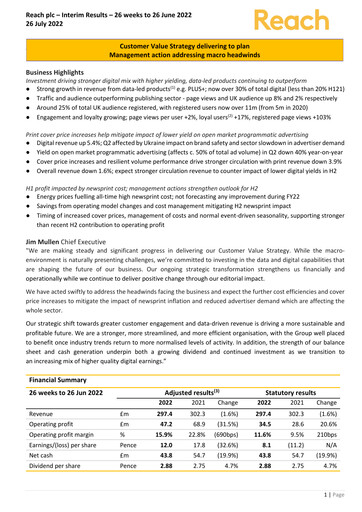 Miniature Reach plc Rapport semestriel 2022-h1
