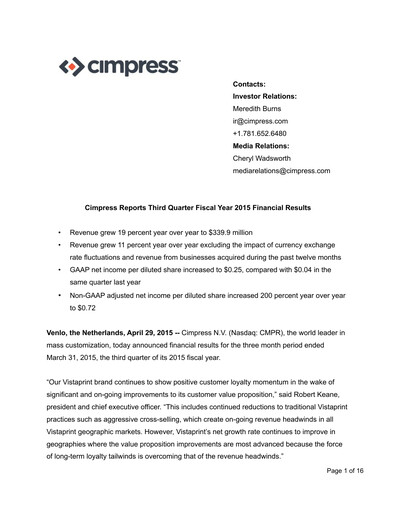 Miniature Cimpress Rapport trimestriel fy2015-q3