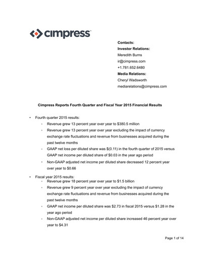 Miniature Cimpress Rapport trimestriel fy2015-q4