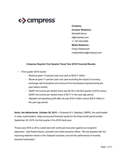 Miniature Cimpress Rapport trimestriel fy2016-q1
