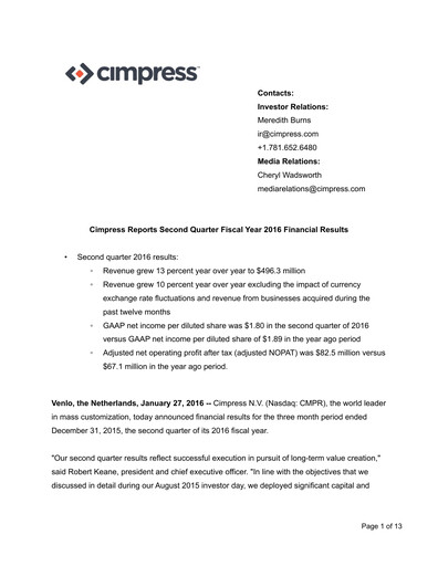 Miniature Cimpress Rapport trimestriel fy2016-q2