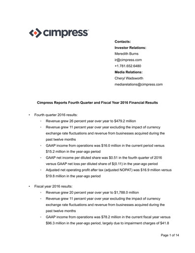 Miniature Cimpress Rapport trimestriel fy2016-q4