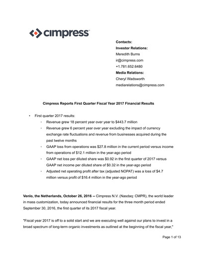 Miniature Cimpress Rapport trimestriel fy2017-q1