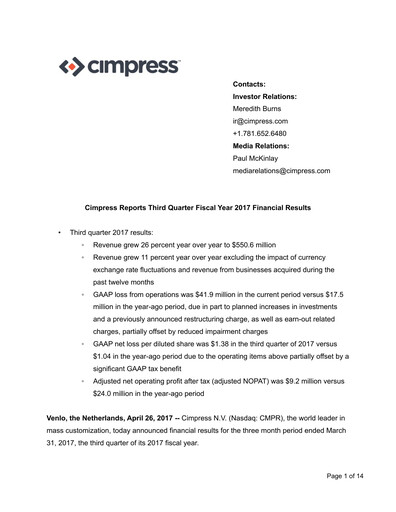 Miniature Cimpress Rapport trimestriel fy2017-q3