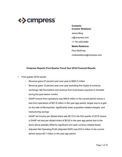 Miniature Cimpress Rapport trimestriel fy2018-q1