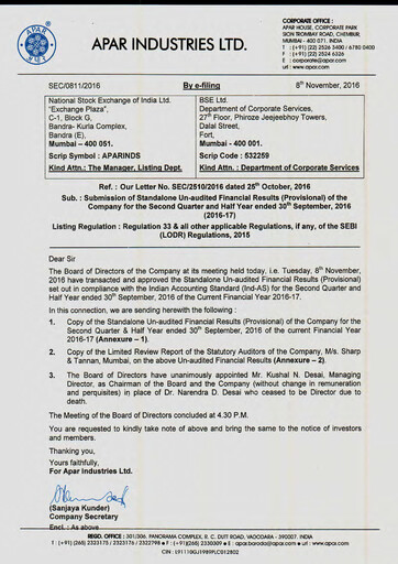 Thumbnail Apar Industries Quarterly Report 2016-q2