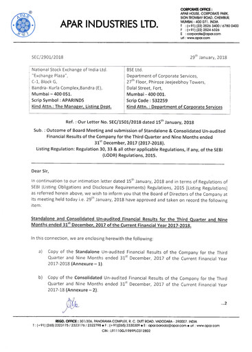 Thumbnail Apar Industries Quarterly Report 2017-q3