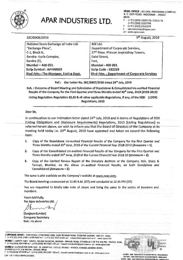 Thumbnail Apar Industries Quarterly Report 2018-q1