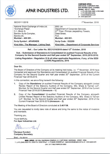 Thumbnail Apar Industries Quarterly Report 2018-q2
