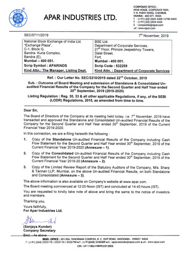 Thumbnail Apar Industries Quarterly Report 2019-q2