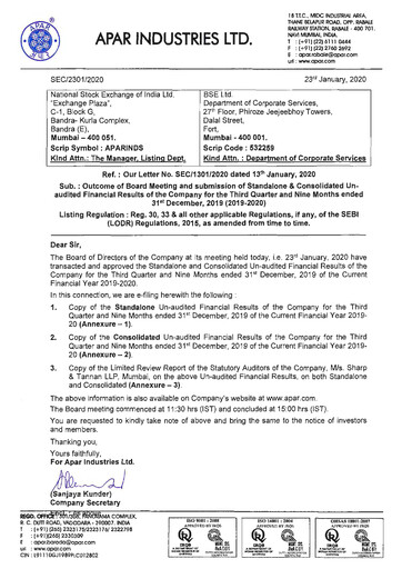 Thumbnail Apar Industries Quarterly Report 2019-q3
