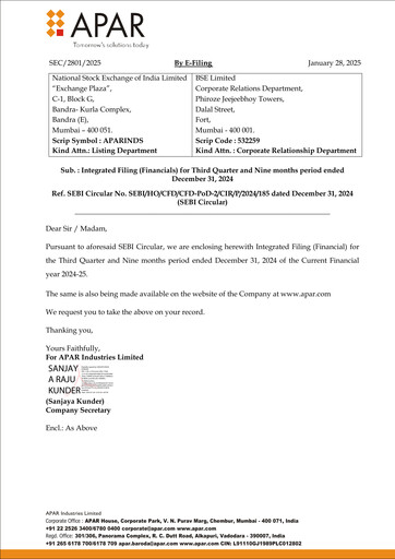 Miniature Apar Industries Rapport trimestriel 2024-q3