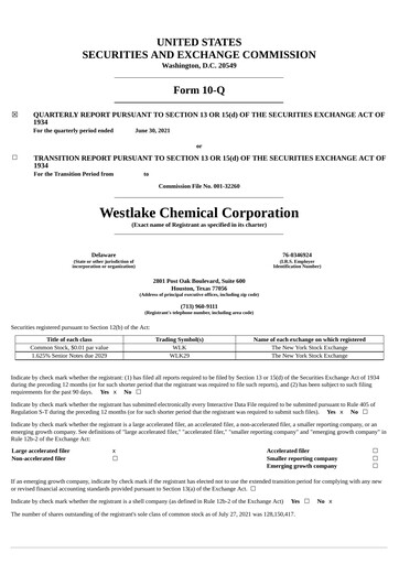 Thumbnail Westlake Corporation
 Quarterly Report 2021-q2