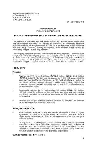 Thumbnail Jubilee Metals Group Financial Report fy2013