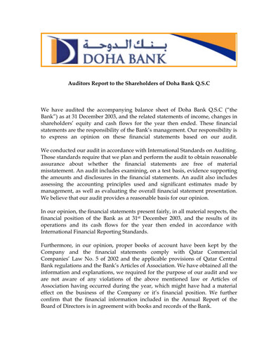 Thumbnail Doha Bank Financial Statement 2003