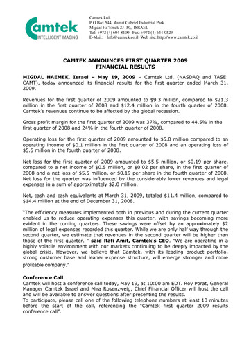 Thumbnail Camtek Quarterly Report 2009-q1
