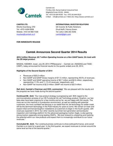 Thumbnail Camtek Quarterly Report 2014-q2