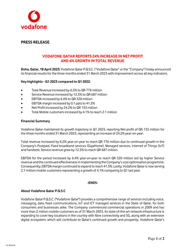 Thumbnail Vodafone Qatar Quarterly Report 2023-q1