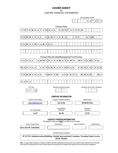 Thumbnail International Container Terminal Services Financial Statement 2016