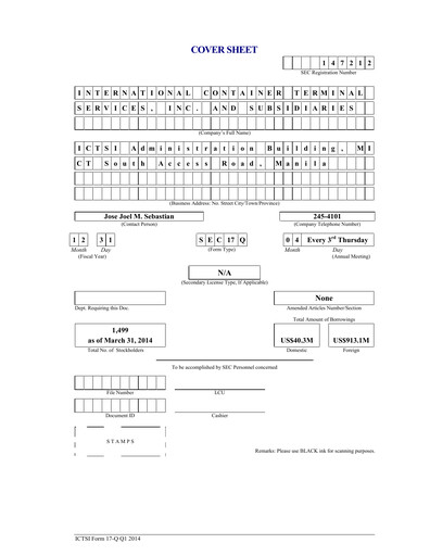 Thumbnail International Container Terminal Services Quarterly Report 2014-q1