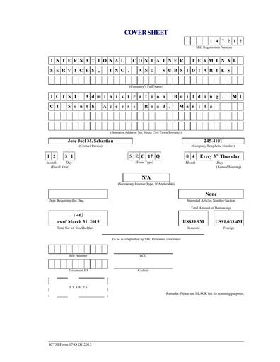 Thumbnail International Container Terminal Services Quarterly Report 2015-q1