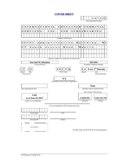 Thumbnail International Container Terminal Services Quarterly Report 2015-q2