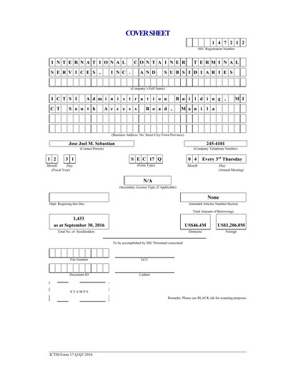 Thumbnail International Container Terminal Services Quarterly Report 2016-q3