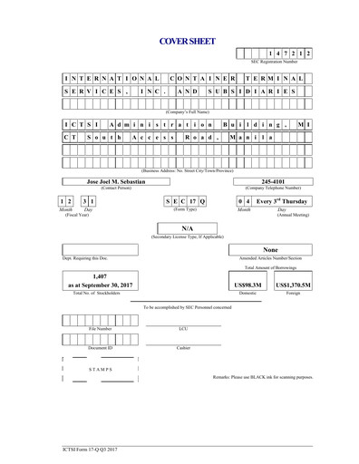 Thumbnail International Container Terminal Services Quarterly Report 2017-q3