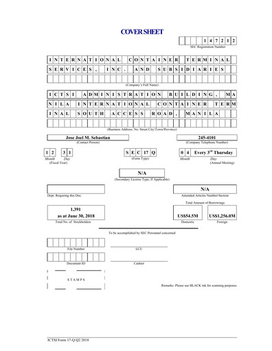 Thumbnail International Container Terminal Services Quarterly Report 2018-q2