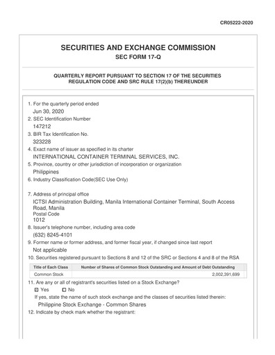 Thumbnail International Container Terminal Services Quarterly Report 2020-q2