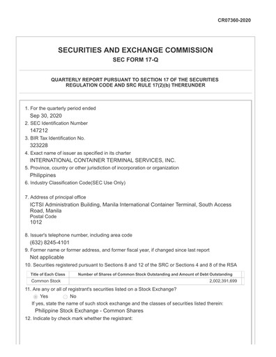 Thumbnail International Container Terminal Services Quarterly Report 2020-q3