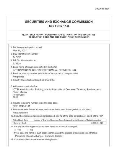 Thumbnail International Container Terminal Services Quarterly Report 2021-q1