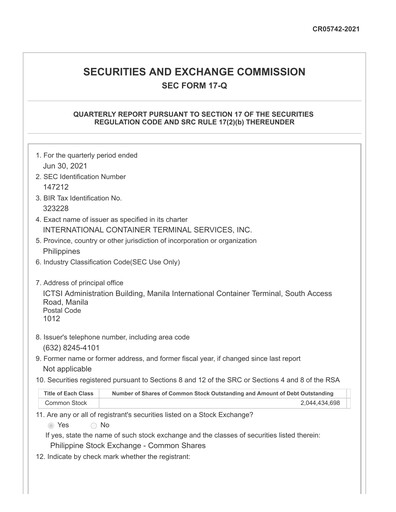 Thumbnail International Container Terminal Services Quarterly Report 2021-q2