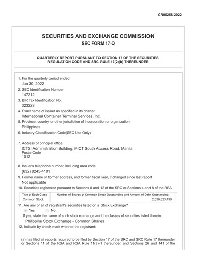 Thumbnail International Container Terminal Services Quarterly Report 2022-q2