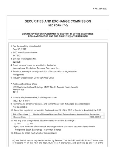 Thumbnail International Container Terminal Services Quarterly Report 2022-q3