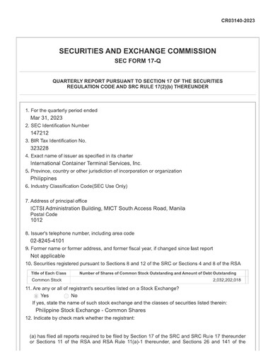 Thumbnail International Container Terminal Services Quarterly Report 2023-q1