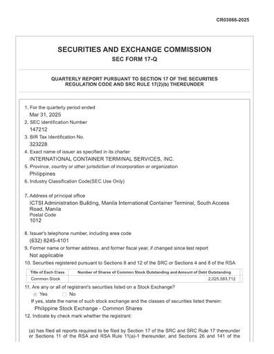Thumbnail International Container Terminal Services Quarterly Report 2025-q1
