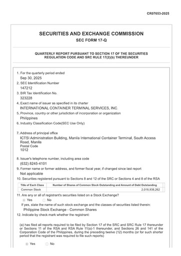 Thumbnail International Container Terminal Services Quarterly Report 2025-q3