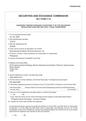 Thumbnail International Container Terminal Services Quarterly Report 2026-q2