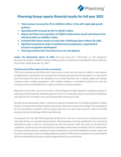 Thumbnail Pharming Group Financial Report 2022