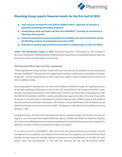 Miniature Pharming Group Rapport semestriel 2022-h1