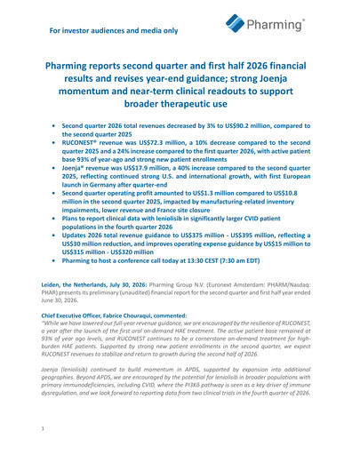 Miniature Pharming Group Rapport semestriel 2026-h1