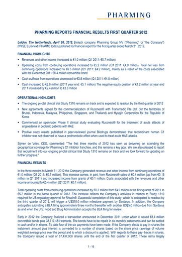 Thumbnail Pharming Group Quarterly Report 2012-q1
