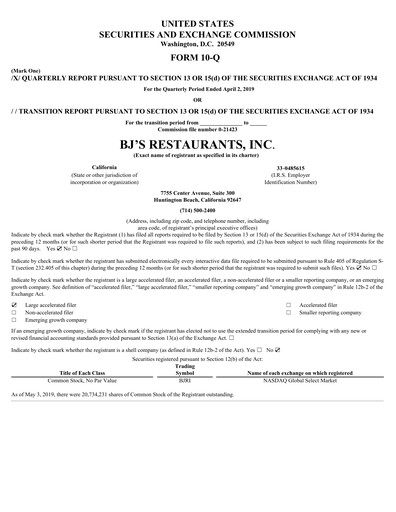 Vorschaubild BJ's Restaurants
 Quartalsbericht 2019-q1