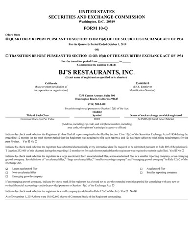 Vorschaubild BJ's Restaurants
 Quartalsbericht 2019-q3