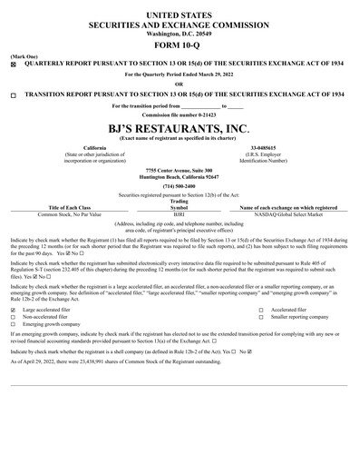 Vorschaubild BJ's Restaurants
 Quartalsbericht 2022-q1