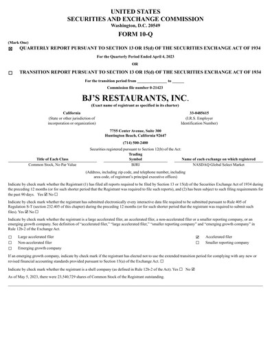 Vorschaubild BJ's Restaurants
 Quartalsbericht 2023-q1
